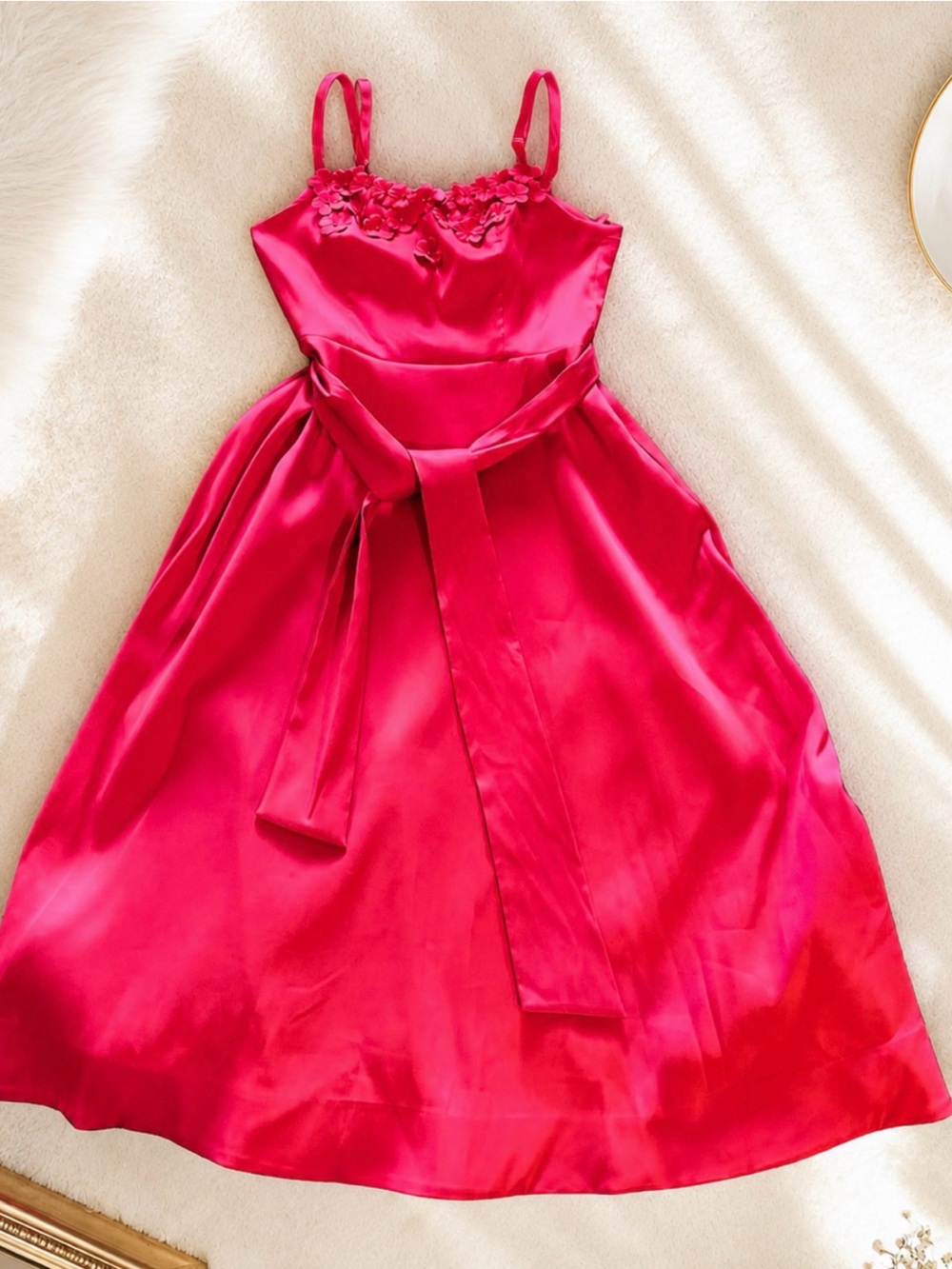 Ann Taylor Fuchsia Satin Maxi Dress with Floral Trim